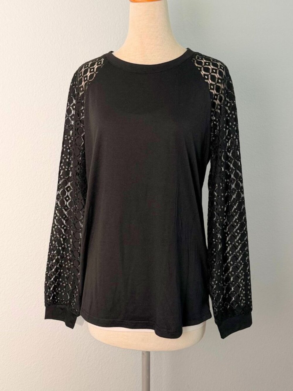 Sunbs - Black Blouse with Long Lace Sleeves - Medium